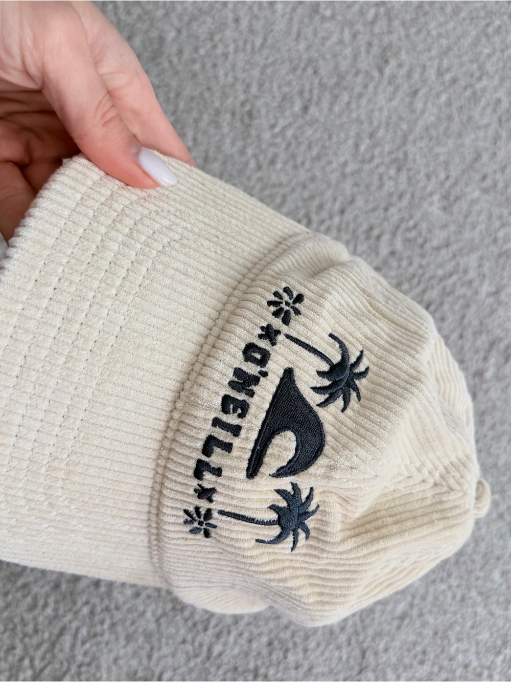 O'Neill Cream Corduroy Bucket Hat with Black Embroidery